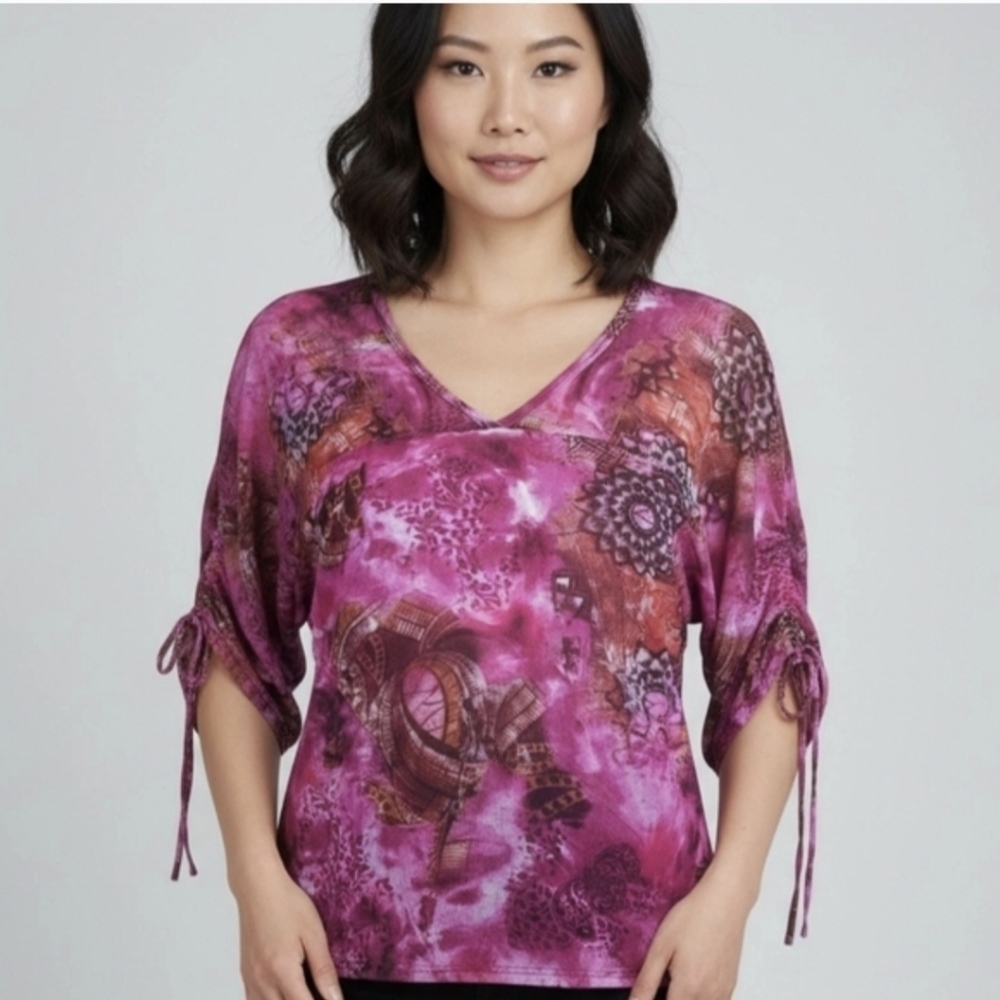 Flirty Colorful Karen Kane Mesh 👚 Top with Gather Sleeves